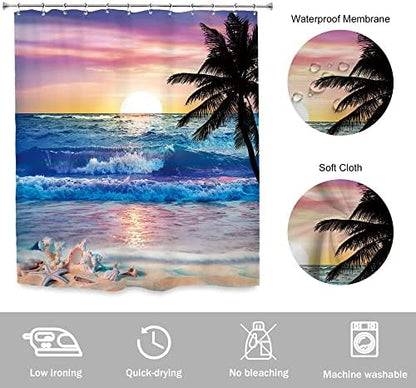 Ocean Sunrise Shower Curtain Beach Tropical Palm Tree Hawaiian Bathroom Set