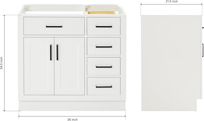 ARIEL Hepburn 36-inch Bathroom Vanity Base Cabinet,Solid Wood, 2 Soft Closing Doors, 5 Dovetail Drawers, White