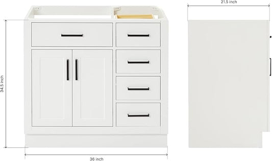 ARIEL Hepburn 36-inch Bathroom Vanity Base Cabinet,Solid Wood, 2 Soft Closing Doors, 5 Dovetail Drawers, White