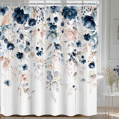 Rustic Floral Boho Blue Pink Eucalyptus Bathroom Shower Curtain Set
