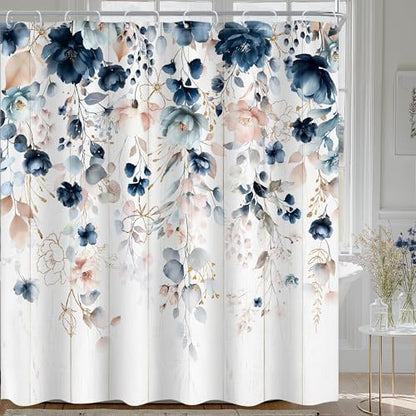 Rustic Floral Boho Blue Pink Eucalyptus Bathroom Shower Curtain Set