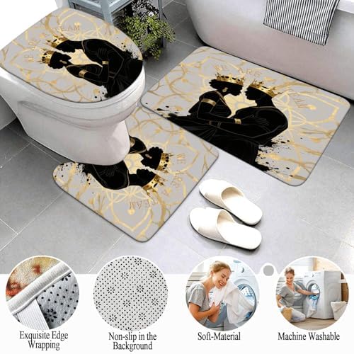 4PCS Boho Black King Queen Shower Curtain Set with Waterproof Shower Curtain Non-Slip Bath Mat Rug Toilet Lid Cover, Romantic African American Black Man Woman Fathers Day Bathroom Decor Set