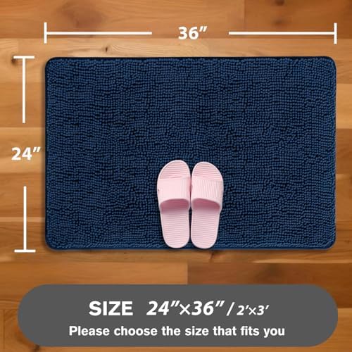 Navy Blue Bathroom Rugs – Absorbent and Washable Bath Mat, Non-Slip, Thick Soft Chenille Bath Rugs for Bathroom Floor, Shower, Sink - 24" x 36"