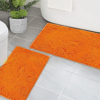 Bathroom Rugs Chenille Bath mat 2 Piece Set, Super Absorbent, PVC Non Slip Backing, Bath mats for Bathroom, Plush Shaggy, Thick, Machine Washable, Bathtub, Shower, Toilet.(Orange)
