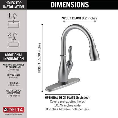 Delta Leland Brushed Nickel Touch Kitchen Faucet with Pull Down Sprayer, Traditional Single Hole Touch On Kitchen Sink Faucet, Single Handle, Arctic Stainless 9178T-AR-DST