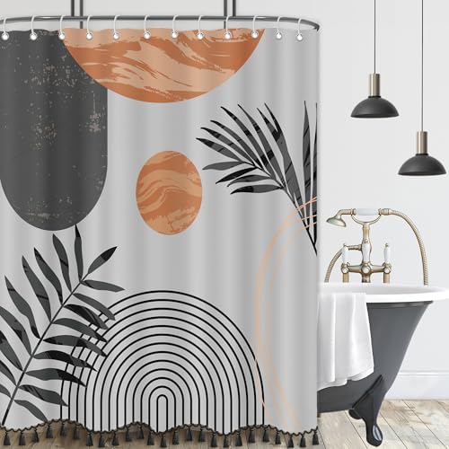 Boho Mid Century Leaf Shower Curtain Set,Arch Sun Design,Minimalistic Leaves Pattern,Waterproof and Luxurious Fabric-12 Hooks(Grey-72" x 72")