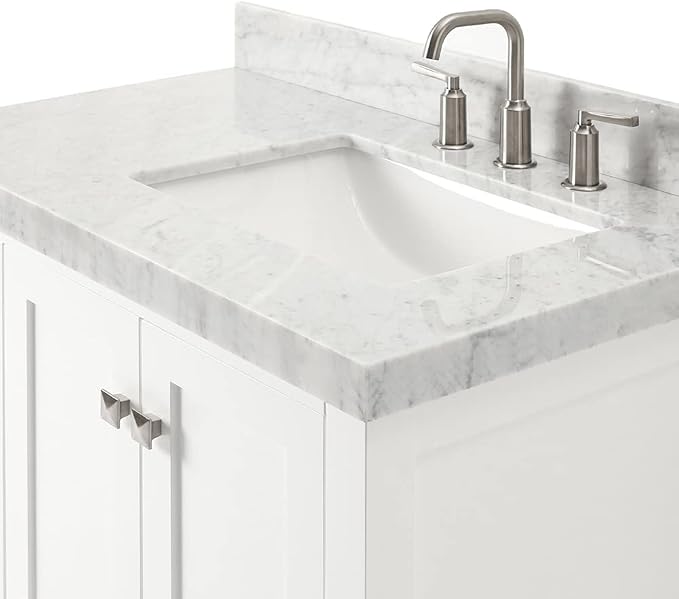 ARIEL Cambridge 36-inch Bathroom Vanity with Sink,Solid Wood, 2-inch Italian Carrara Marble Countertop, Single Rectangular Porcelain Sink, 2 Soft Closing Doors, 5 Dovetail Drawers, White
