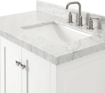 ARIEL Cambridge 36-inch Bathroom Vanity with Sink,Solid Wood, 2-inch Italian Carrara Marble Countertop, Single Rectangular Porcelain Sink, 2 Soft Closing Doors, 5 Dovetail Drawers, White