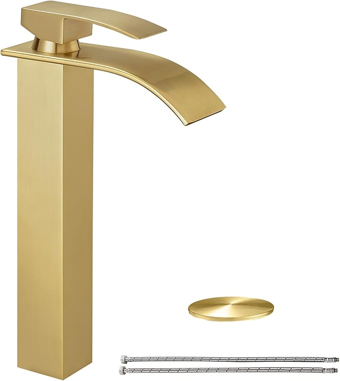 Hoimpro Brushed Gold Waterfall Bathroom Faucet with cUPC Supply Lines, Single Hole Single Handle Bathroom Sink Faucet with Pop up Drain, Vessel Faucet, Brushed Gold(1 or 3 Hole)