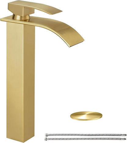 Hoimpro Brushed Gold Waterfall Bathroom Faucet with cUPC Supply Lines, Single Hole Single Handle Bathroom Sink Faucet with Pop up Drain, Vessel Faucet, Brushed Gold(1 or 3 Hole)