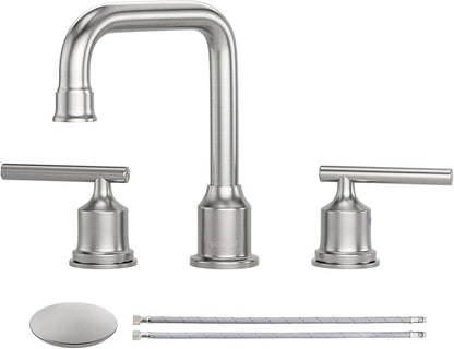 WOWOW 2 Handles 8 inch Widespread High Arc Bathroom Faucet Brushed Nickel Lavatory Faucet 3 Hole 360°Swivel Spout Modern Sink Basin Faucets