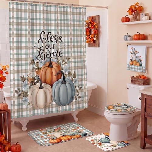 Honoson 8 Pcs Fall Pumpkin Plaid Shower Curtain Set, Bless Our Home Farmhouse Country Bath Decor with Non Slip U Mat, Rectangular Toilet Cover Towels for Autumn Thanksgiving Housewarming Decor