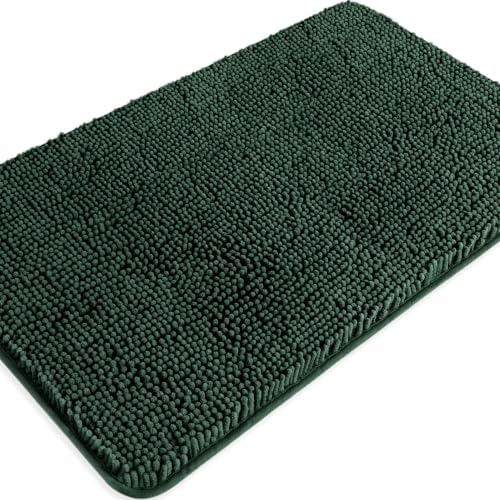 Dark Green Bathroom Rugs – Absorbent and Washable Bath Mat, Non-Slip, Thick Soft Chenille Bath Rugs for Bathroom Floor, Shower, Sink - 20" x 32"
