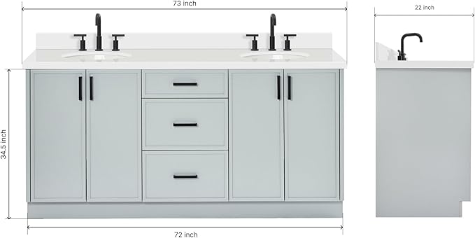 ARIEL Kelly 72-inch Bathroom Vanity with Sink,Solid Wood, 1.5-inch Pure White Quartz Countertop & Backsplash, Double Oval Porcelain Sink, 4 Soft Closing Doors, 5 Dovetail Drawers, Grey