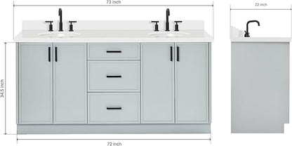 ARIEL Kelly 72-inch Bathroom Vanity with Sink,Solid Wood, 1.5-inch Pure White Quartz Countertop & Backsplash, Double Oval Porcelain Sink, 4 Soft Closing Doors, 5 Dovetail Drawers, Grey