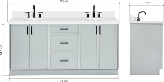 ARIEL Kelly 72-inch Bathroom Vanity with Sink,Solid Wood, 1.5-inch Pure White Quartz Countertop & Backsplash, Double Oval Porcelain Sink, 4 Soft Closing Doors, 5 Dovetail Drawers, Grey