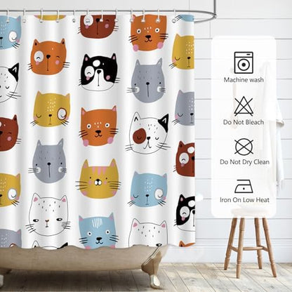 APROPHIC Cute Cat Shower Curtain for Bathroom Decor, Funny Bathroom Curtain Set, Cat Lovers Cute Cartoon Colorful Waterproof Fabric Shower Curtain with Hooks Machine Washable 72x72 in
