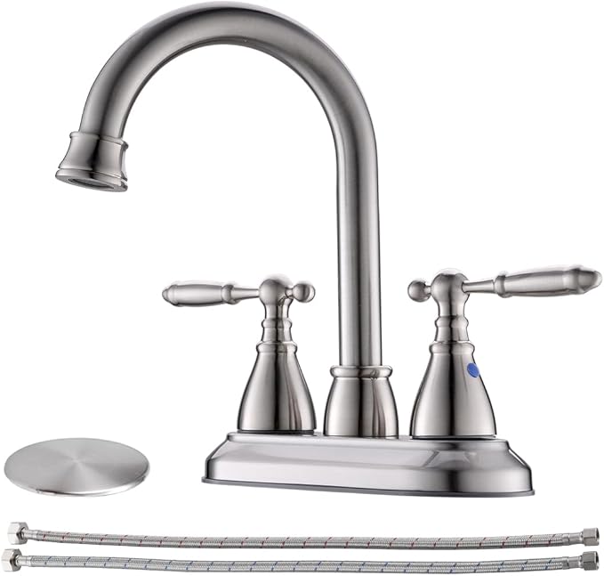 Brushed Nickel Bathroom Faucets - 4In Two Handles Centerset Bathroom Sink Faucet | 2 or 3 Hole Vintage Lavatory Vanity Sink Faucets 360° Swivel Spout with Overflow Pop-up Drain & Water Hoses