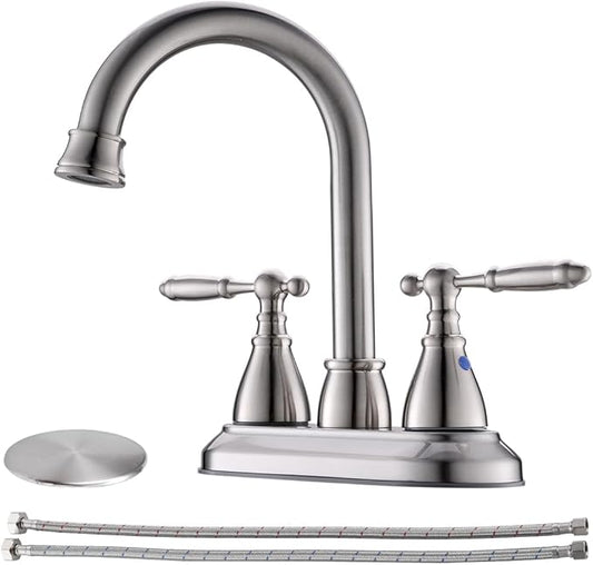Brushed Nickel Bathroom Faucets - 4In Two Handles Centerset Bathroom Sink Faucet | 2 or 3 Hole Vintage Lavatory Vanity Sink Faucets 360° Swivel Spout with Overflow Pop-up Drain & Water Hoses