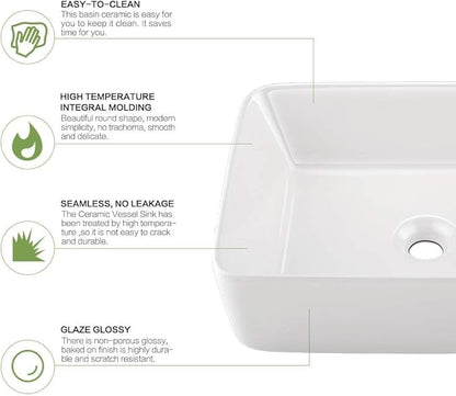 19 Inch White Vessel Sink with Faucet and Drain Combo,19x15 Bathroom Sink Rectangular Above Counter Porcelain Ceramic Bathroom White Toilet Sink Hand Wash Vessel Vanity Sink Art Basin