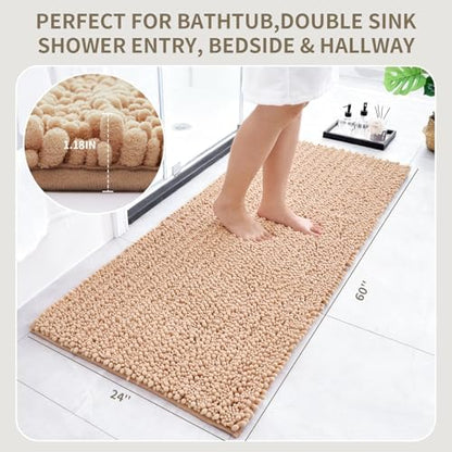 Bathroom Rugs Non Slip Washable 60x24, Extra Thick Soft Chenille Absorbent Bath Mat, High Density Barrier Non Slip Backing, Quick Dry Plush Shaggy Floor Carpet for Tub&Shower, Beige