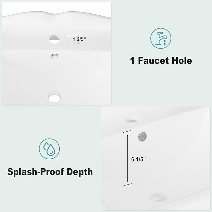 GarveeHome Rectangular Pedestal Sink, 23"L x 19"W White Ceramic Bathroom Vanity Sink, Features Single Faucet Hole and Overflow