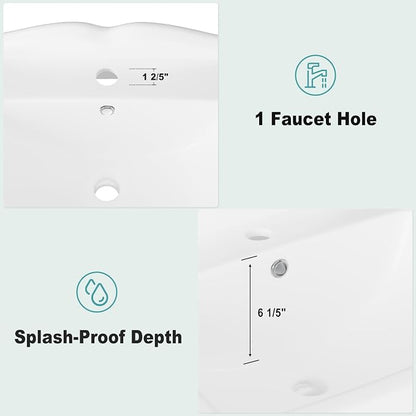 GarveeHome Rectangular Pedestal Sink, 23"L x 19"W White Ceramic Bathroom Vanity Sink, Features Single Faucet Hole and Overflow