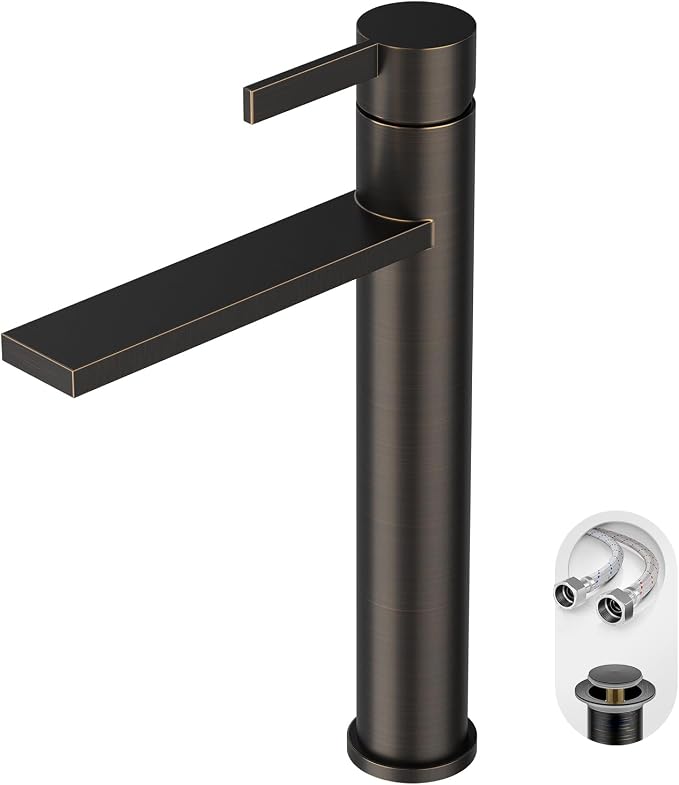 One Hole Tall Bathroom Vessel Sink Faucet, Oil Rubbed Bronze Single Hole Single Handle Modern Bathroom Faucet, with Pop Up Drain and Water Supply Line, FH02-ORB-V