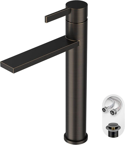 One Hole Tall Bathroom Vessel Sink Faucet, Oil Rubbed Bronze Single Hole Single Handle Modern Bathroom Faucet, with Pop Up Drain and Water Supply Line, FH02-ORB-V