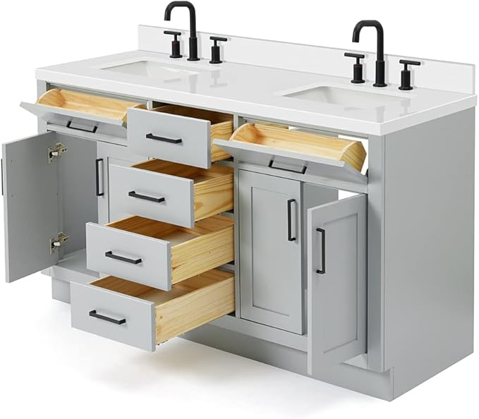 DKB Isabella 60" Grey Double Bathroom Vanity with Sink, 1.5" Edge Pure White Quartz Countertop, Rectangular Undermount Sinks, 4 Soft Closing Doors, 6 Dovetail Drawers