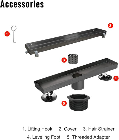SaniteModar Linear Shower Drain 12 inch Matte Black with Tile Insert Panel | AISI 304 Stainless Steel Black Linear Dain Rectangle Shower Floor Drain with Hair Strainer and Leveling Feet