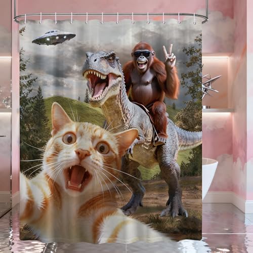 Small Stall Shower Curtain Rv Cat Riding Dinosaur, 48 x 72 Inchs