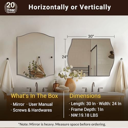 ANDY STAR 24"x30" Scalloped Mirror for Bathroom，Polished Chrome Rectangle Wall Mirror with Curved Edge Stainless Steel Metal Frame, Wall-Mounted Mirror for Bathroom, Entryway, Living Room
