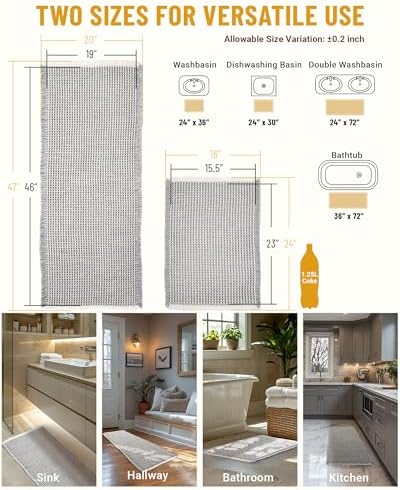 Furicher Large Waffle Bath Mat Set, Non Slip Bathroom Mat Ultra Absorbent Bath Mats for Decor, Extra Soft Floor Bathroom Rugs Sets 2 Piece, Washable Bath Rugs Set, Grey & White, 20"×47" and 16"×24"