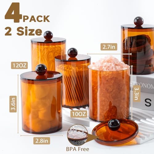 4 Pcs Acrylic Qtip Holder, Cotton Ball Holder Jars with Lids, Brown