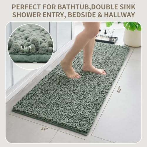 Bathroom Rugs Non Slip Washable 60x24, Extra Thick Soft Chenille Absorbent Bath Mat, High Density Barrier Non Slip Backing, Quick Dry Plush Shaggy Floor Carpet for Tub&Shower, Sage Green
