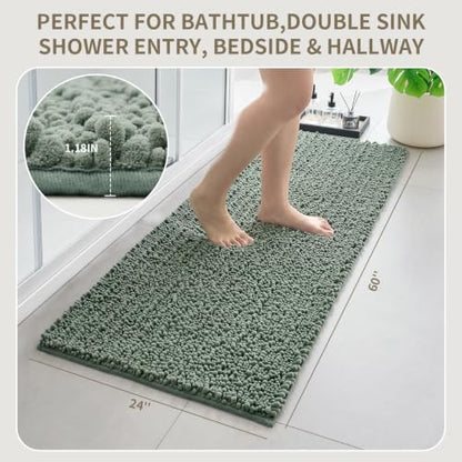 Bathroom Rugs Non Slip Washable 60x24, Extra Thick Soft Chenille Absorbent Bath Mat, High Density Barrier Non Slip Backing, Quick Dry Plush Shaggy Floor Carpet for Tub&Shower, Sage Green