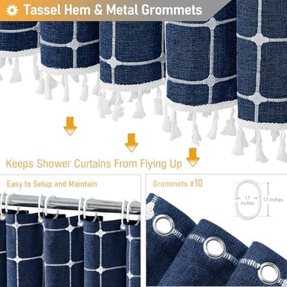 BTTN 54x78 Boho Farmhouse Linen Heavy Duty Shower Curtain Set, Navy Blue