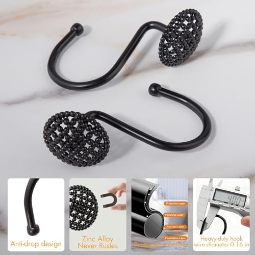 Pearlbee Matte Black Shower Curtain Hooks Rings, 12PCS, Heavy Duty Design
