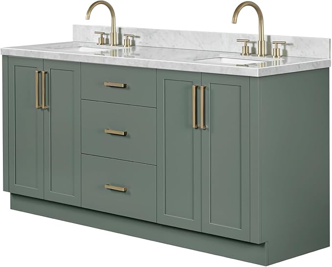 ARIEL Loren 72-inch Bathroom Vanity with Sink,Solid Wood, 1.5-inch Italian Carrara Marble Countertop, Double Rectangular Porcelain Sink, 4 Soft Closing Doors, 3 Dovetail Drawers, Vintage Green