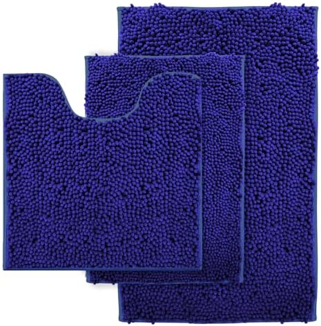 Chenille Bathroom Rug Set - 3-Piece Extra Soft & Absorbent Shag, Machine Washable Mats, Non-Slip PVC Underside, Plush Carpet Mats (Royal Blue)