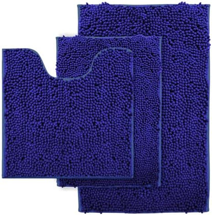 Chenille Bathroom Rug Set - 3-Piece Extra Soft & Absorbent Shag, Machine Washable Mats, Non-Slip PVC Underside, Plush Carpet Mats (Royal Blue)