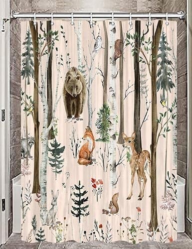 JAWO Rustic Forest Shower Curtains, Lodge Cabin Woodsy RV Shower Curtain, Wildlife Animals Woodland Campers Camping Bathroom Set with Hooks, 54x72 Inch, LightPink