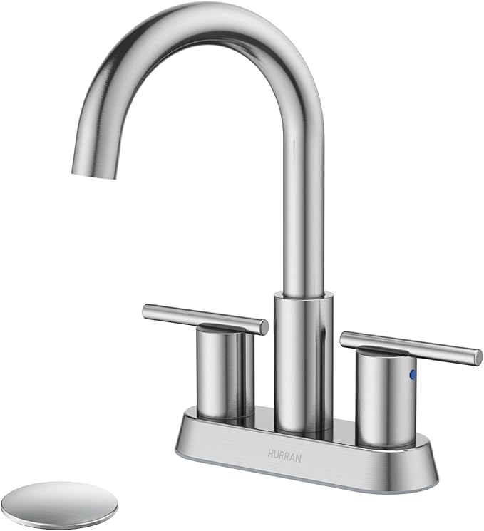 Hurran 4 Inch Bathroom Faucet for Sink 3 Hole, Brushed Nickel Bathroom Faucet with Pop-up Drain and 2 Supply Hoses,Stainless Steel Lead-Free 2-Handle Centerset Faucet for Sink Vanity RV