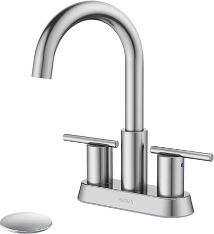 Hurran 4 Inch Bathroom Faucet for Sink 3 Hole, Brushed Nickel Bathroom Faucet with Pop-up Drain and 2 Supply Hoses,Stainless Steel Lead-Free 2-Handle Centerset Faucet for Sink Vanity RV