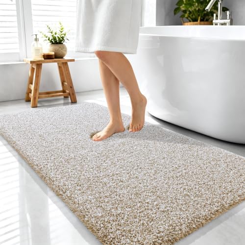 OLANLY Microfiber Bathroom Rugs 44x24, Quick Dry Bath Mat, Beige and White