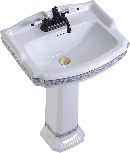 Renovators Supply Manufacturing India Reserve 23" W x 34.25" H x 18.5" Proj. Ornate Blue Gold Bathroom Pedestal Sink, Vitreous China, Compatible with 4 in. Centerset Faucets