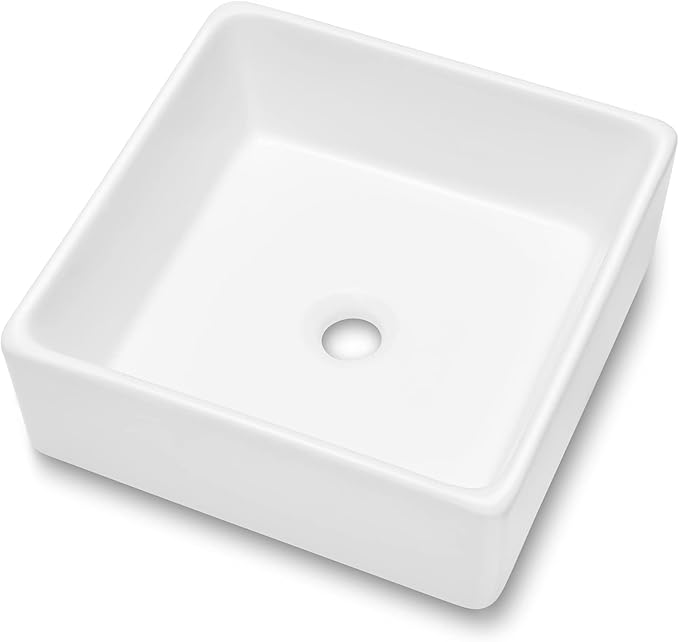 White Bathroom Vessel Sink - Beslend 15x15 Inch White Ceramic Porcelain Square Bathroom Sink Lavatory Modern Art Basin