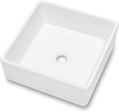 White Bathroom Vessel Sink - Beslend 15x15 Inch White Ceramic Porcelain Square Bathroom Sink Lavatory Modern Art Basin
