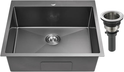 25 Inch Drop in Kitchen Sink Black 18 Gauge Stainless Steel | Single Bowl Single Hole Topmount Sink, 25"x22"x8.5" Large Basin for Family Kitchen, Bar and Prep Area